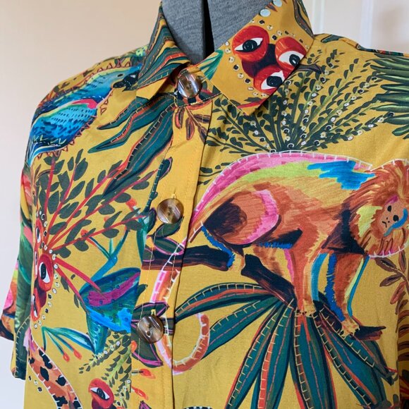 FARM Rio Button Up Short Sleeve Sz S Yellow Tropical Print Novelty Monkey Floral - Picture 2 of 7